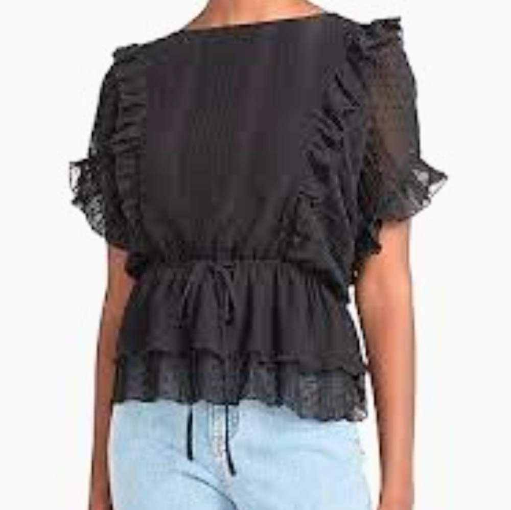 EXPRESS CLIP DOT RUFFLE TIE WAIST PULLOVER TOP (160)
